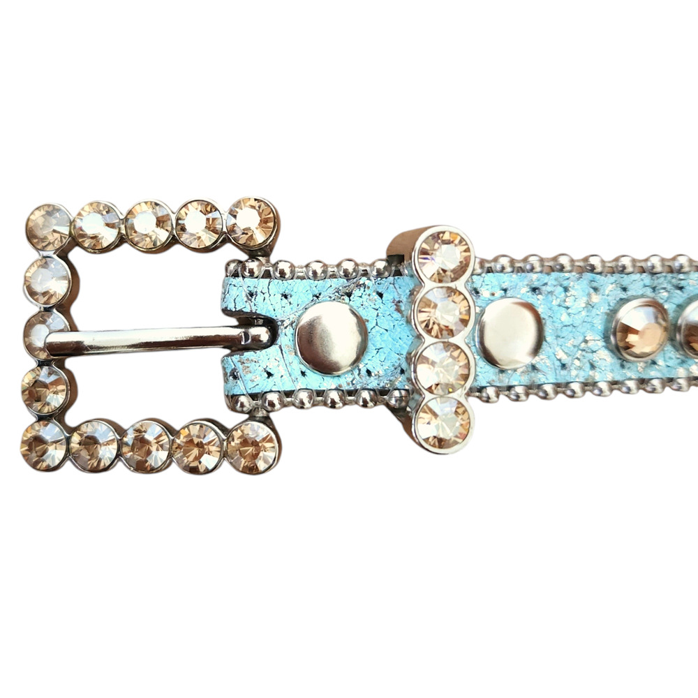 B.B. SIMON Alegra leather skinny Swarovski Crystal skinny belt blue metallic L - Picture 3 of 7